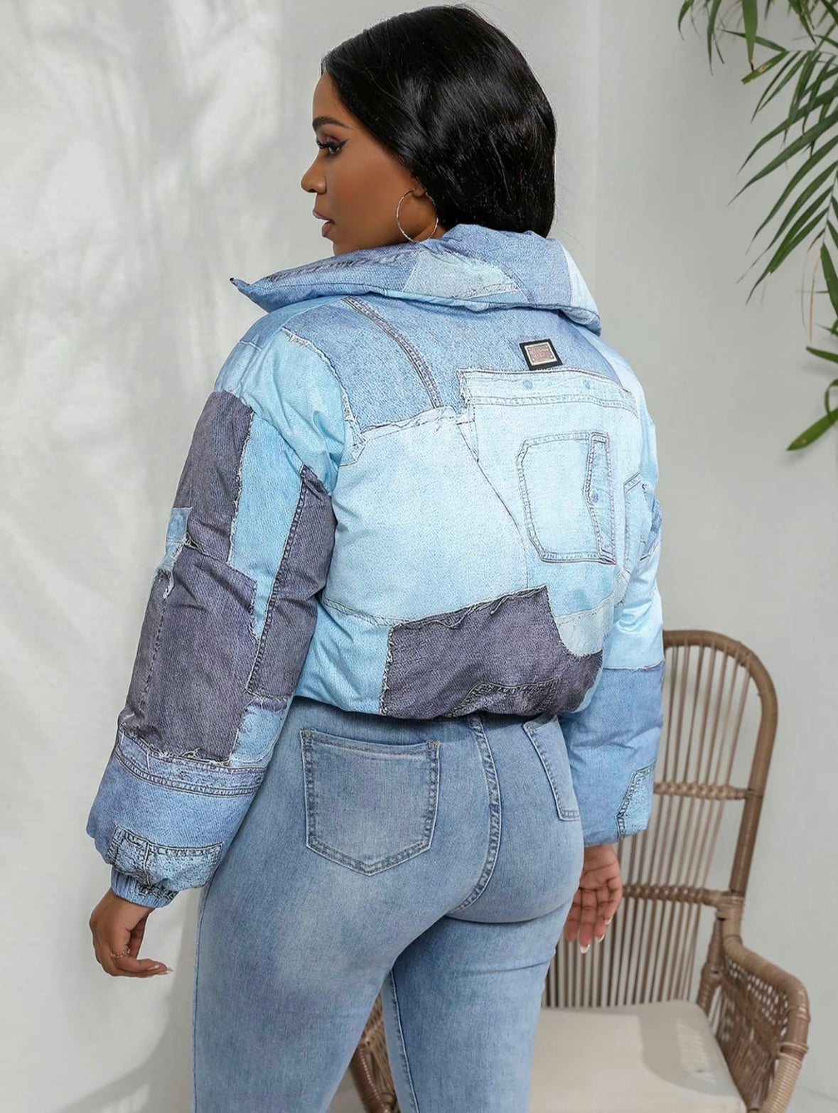 New arrival🔥 Woman denim effect print zip up hooded coat