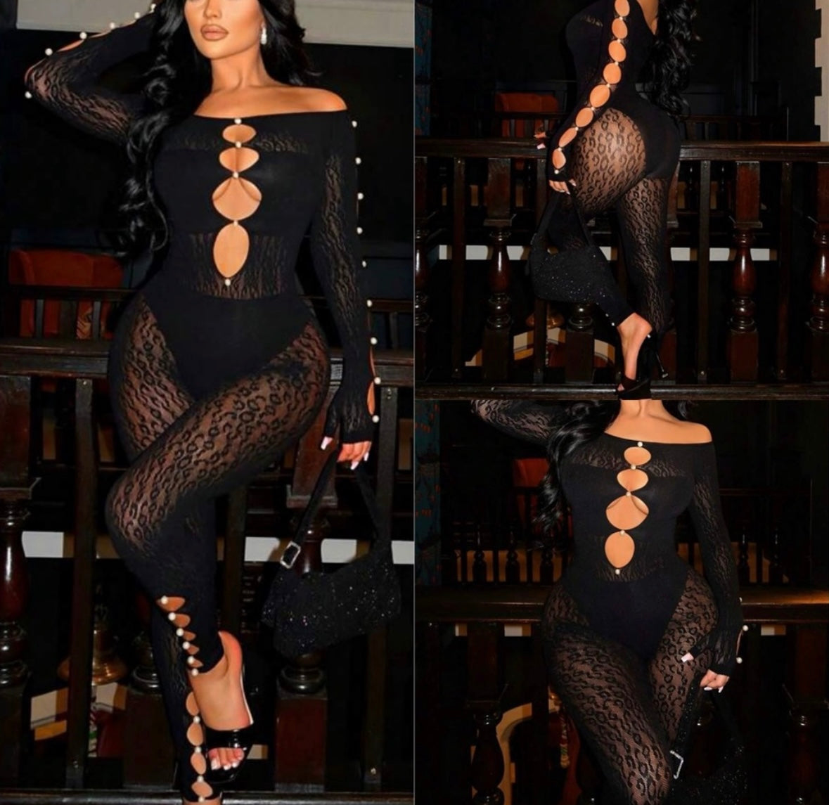 Off Shoulder Cut Out Front Mesh Jumpsuit