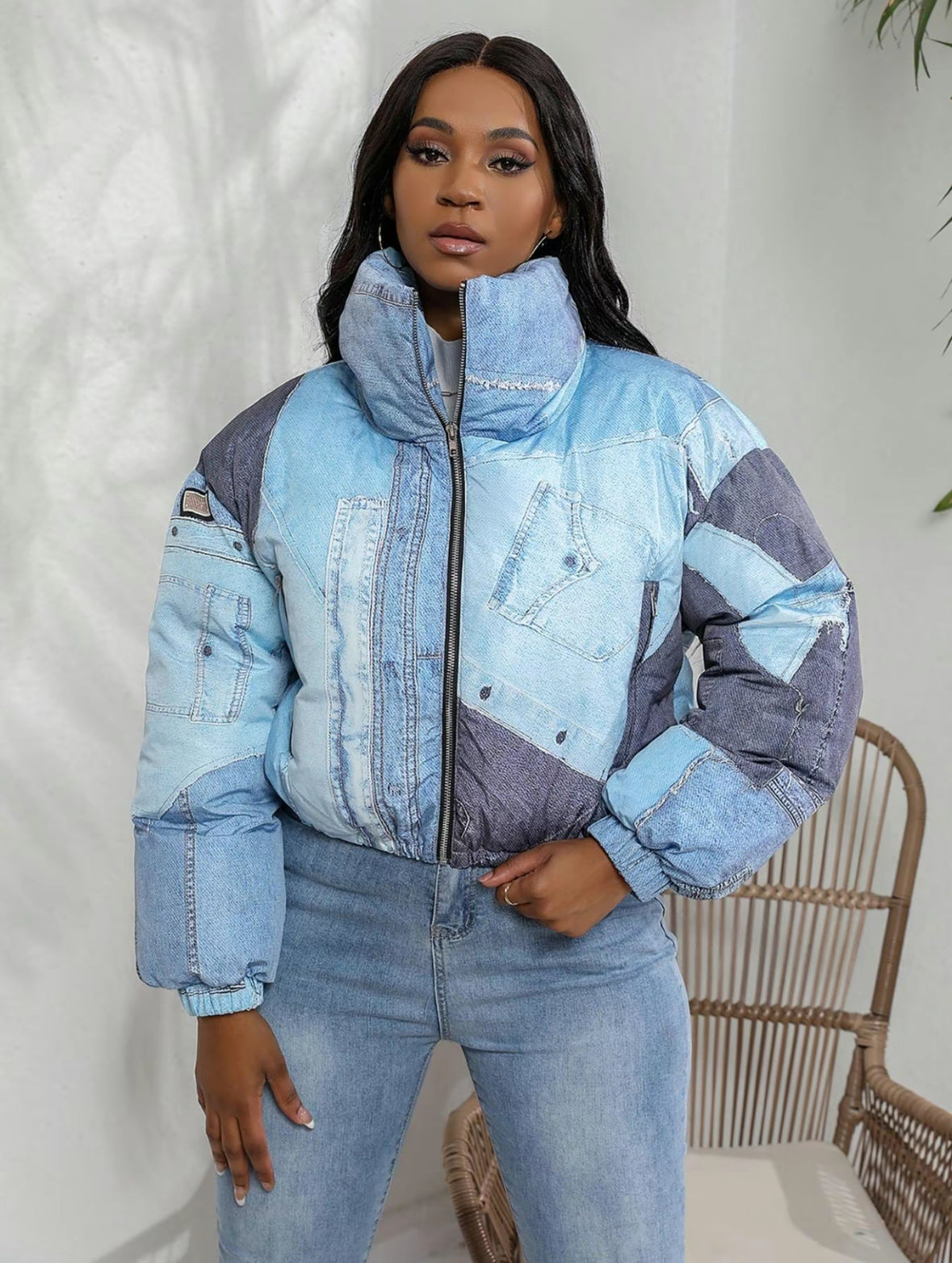 New arrival🔥 Woman denim effect print zip up hooded coat