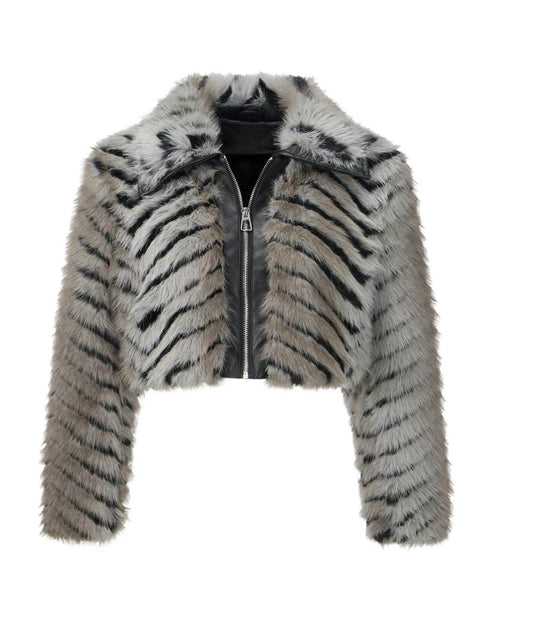 Woman striped pattern faux fur coat